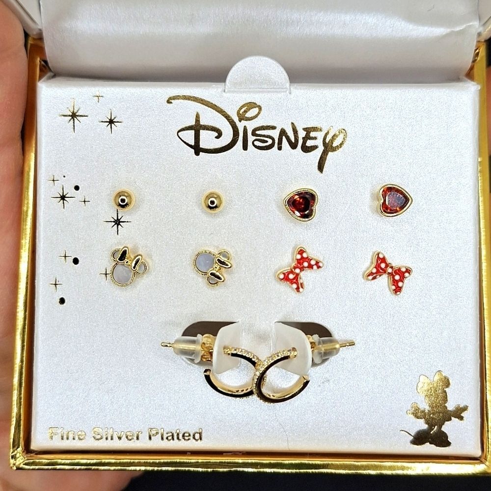 Disney fine silver plated stud earrings minnie mouse ears bow heart ruby red